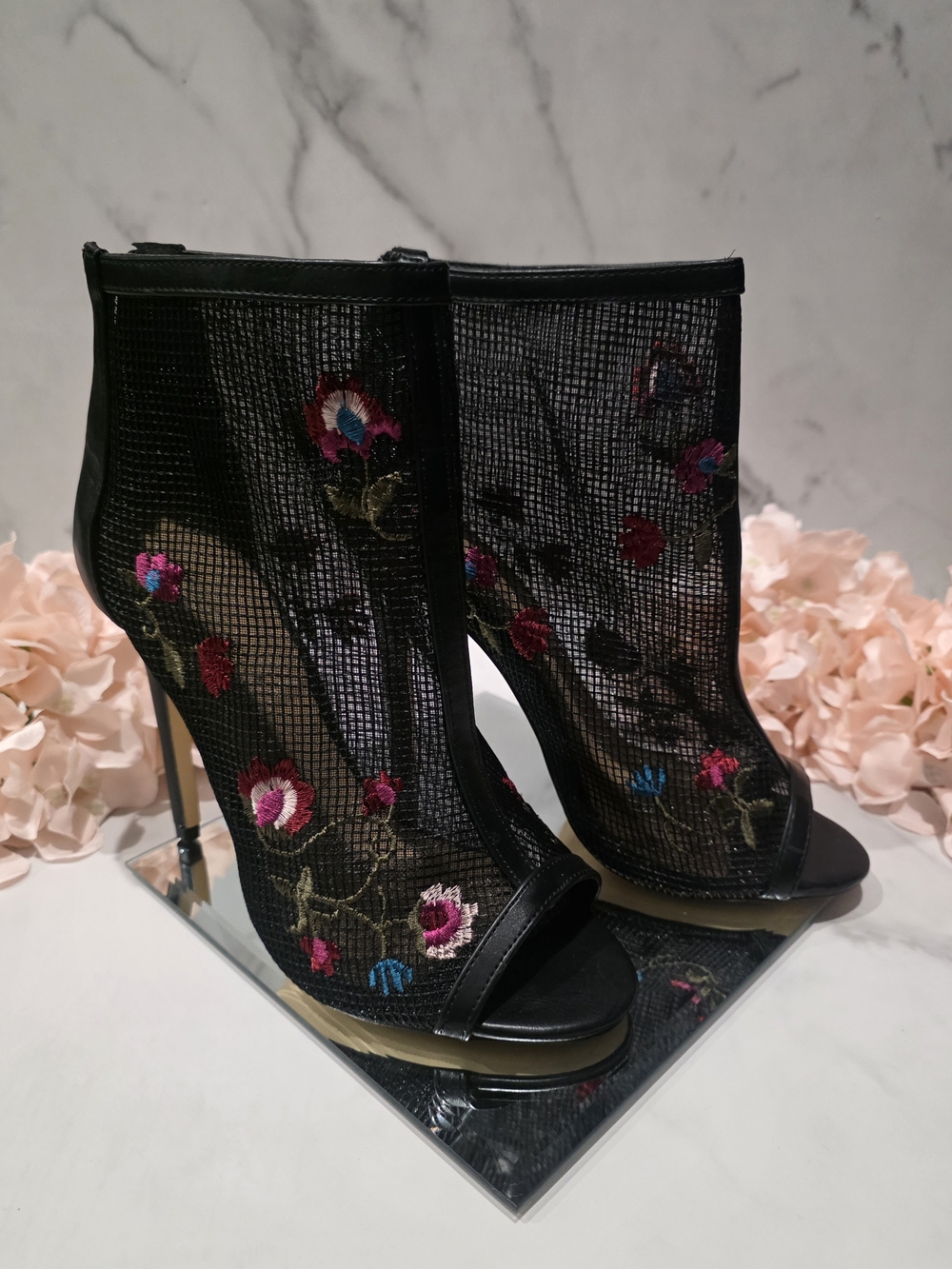 Shoe Dazzle - Black Mesh Floral Embroidered Open-Toe Ankle Booties